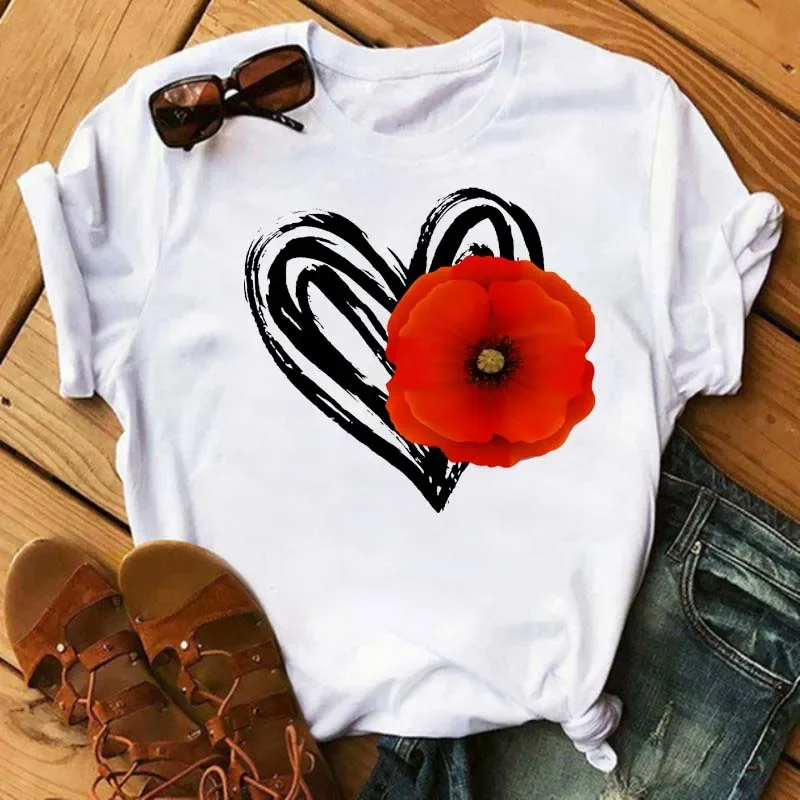 Y2k Short Sleeves Sunmmer T Shirt Red Poppy Heart Women O-Neck Aesthetics Tee Print Casual Short Sleeve Streetwear Women Top