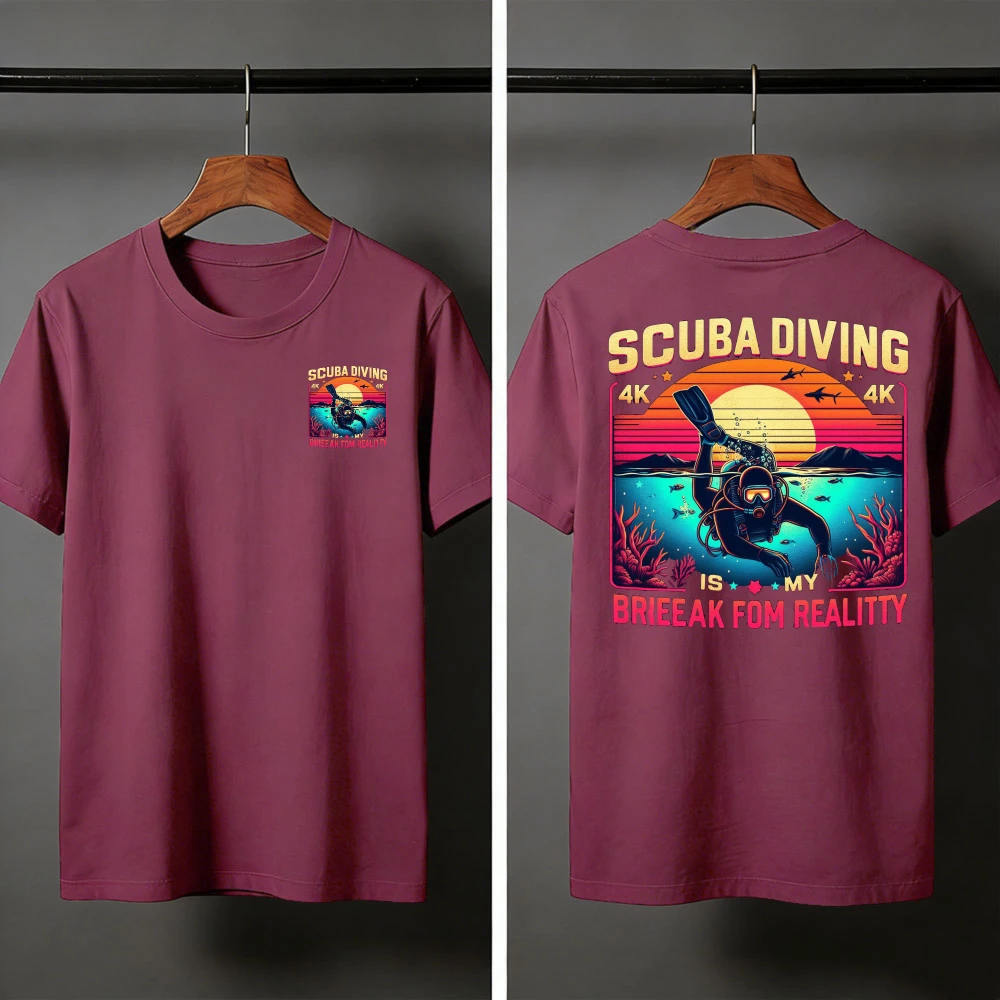 Scuba Diving Sunset Ocean Scene Summer Men T-Shirt Casual Graphic Tee Beach Vacation Outdoor Activities Gift Adventure Lovers