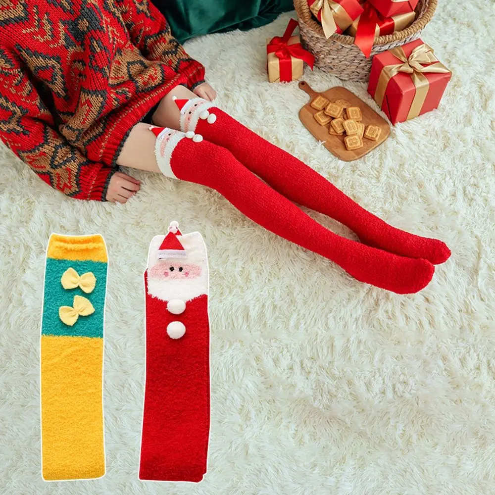 Long Cute Snowman Elk Women Bow Christmas Gift Santa Claus Ladies Hosiery Floor Socks Christmas Stockings Cotton Calf Socks