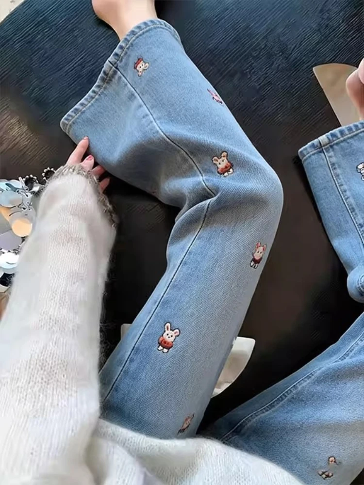 

Cartoon Embroidered High Waist Slim Fit Blue Jeans Women's Straight Leg Micro Flared Nine Point Pants Spring New Style