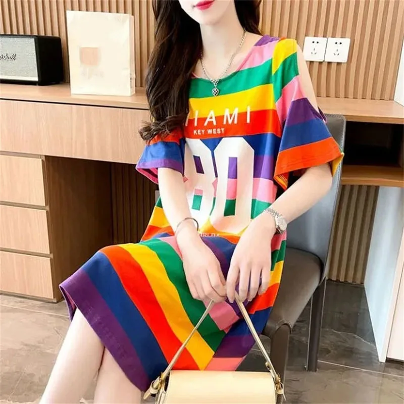Estate Femme girocollo strisce colorate abiti lunghi donna stili medio lunghi T-shirt maxi abito da donna manica corta abiti