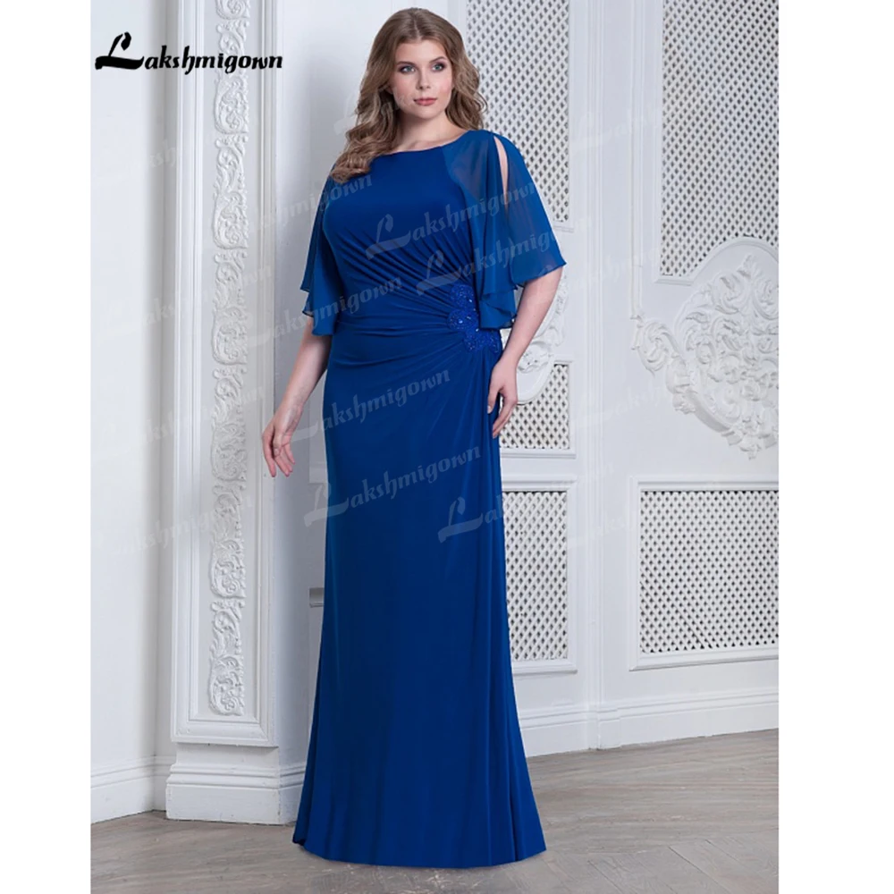 Elegant Blue Chiffon Mother of the Bride Dresses With Half Sleeves Wedding Party Gowns Lace vestido de madrinha