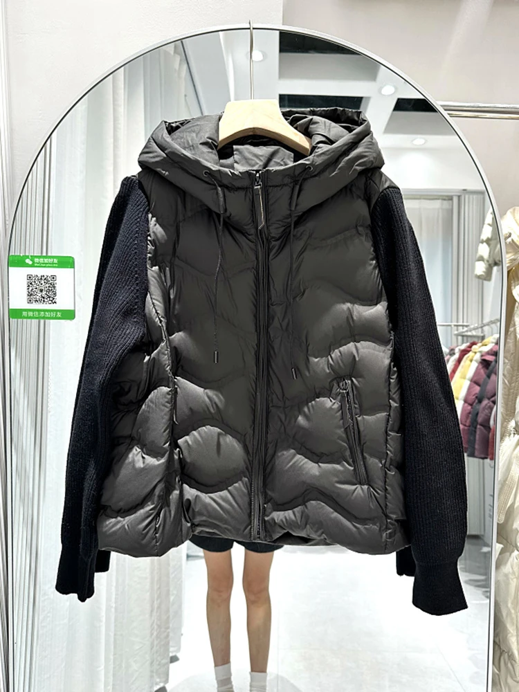 Chaqueta de plumón cálida con empalme de mangas tejidas para mujer, prendas de vestir Parker con cremallera y plumón de pato blanco, chaquetas con capucha gruesas para mujer