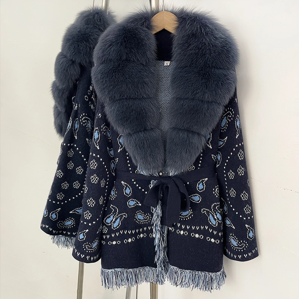 

OFTBUY Women's Knit Cardigan with Real Fox Fur Lace Sweater Pattern Trim Belted Sweater Coat Female New Popular Women's Clothes