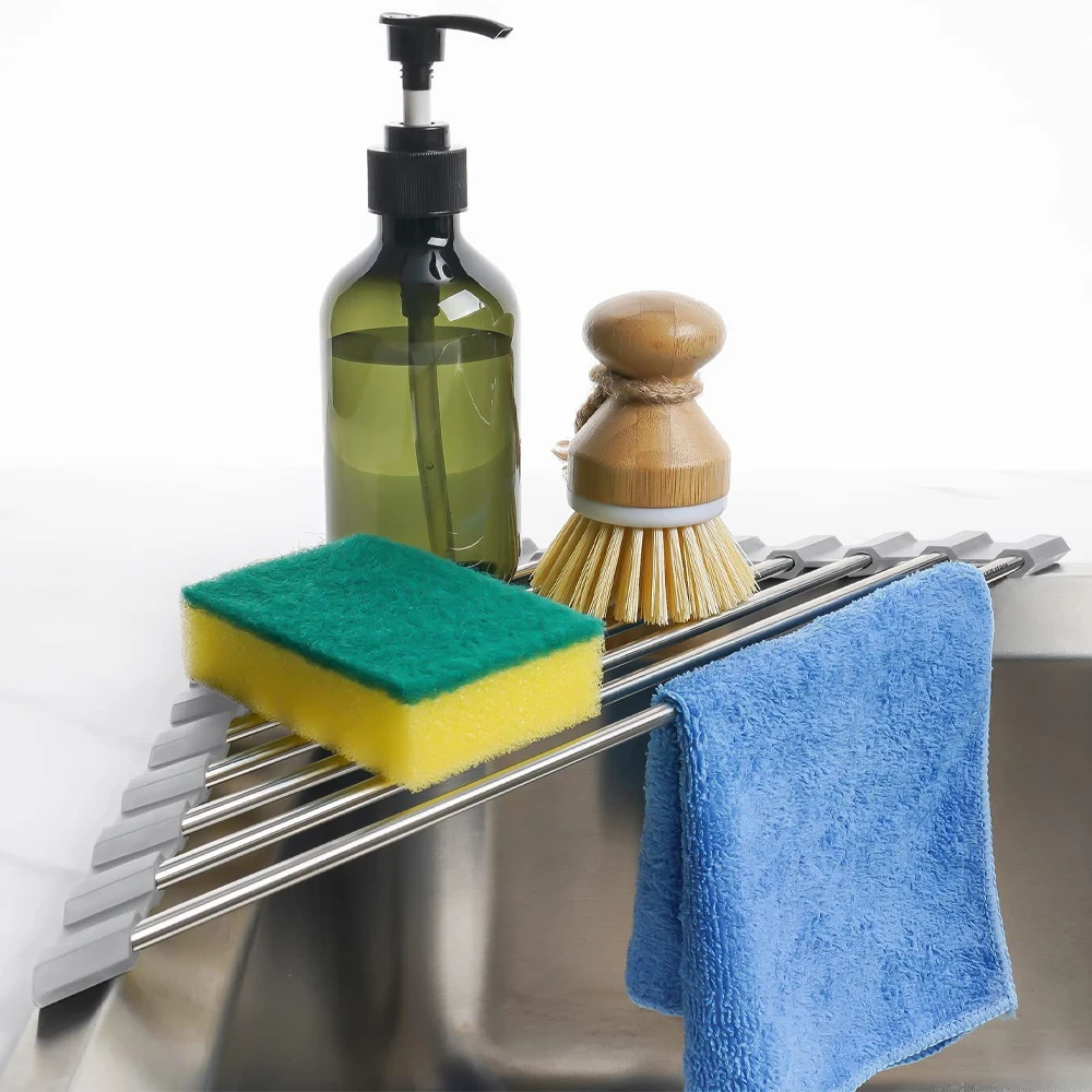 Roll Up Dish Drying Rack Kitchen Sink Organizer Corner Over the Sink Sponge Rag Holder Foldable Stainless Steel Drainer