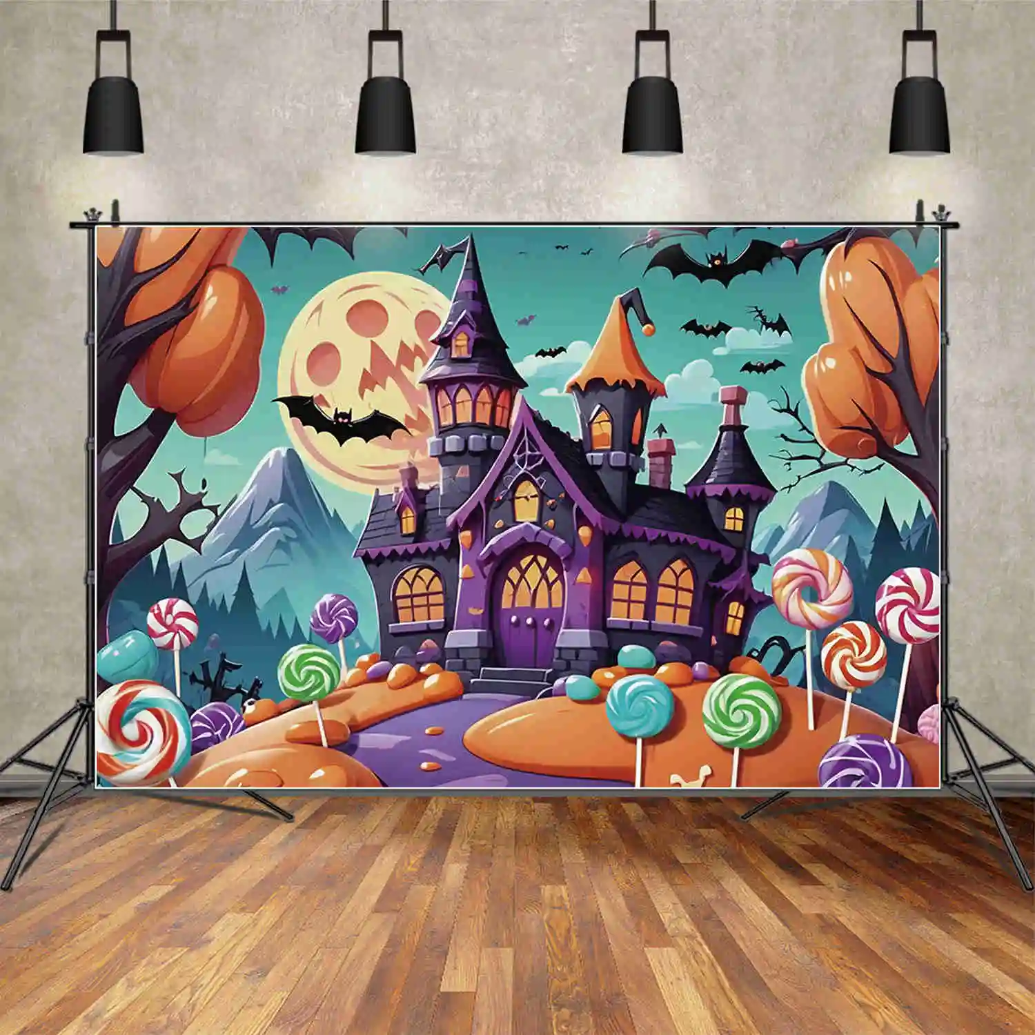 MOON.QG Candyland Castle Halloween Photography Backdrops Children Pumpkin Latern Night Photozone Backgrounds Photo Studio Props