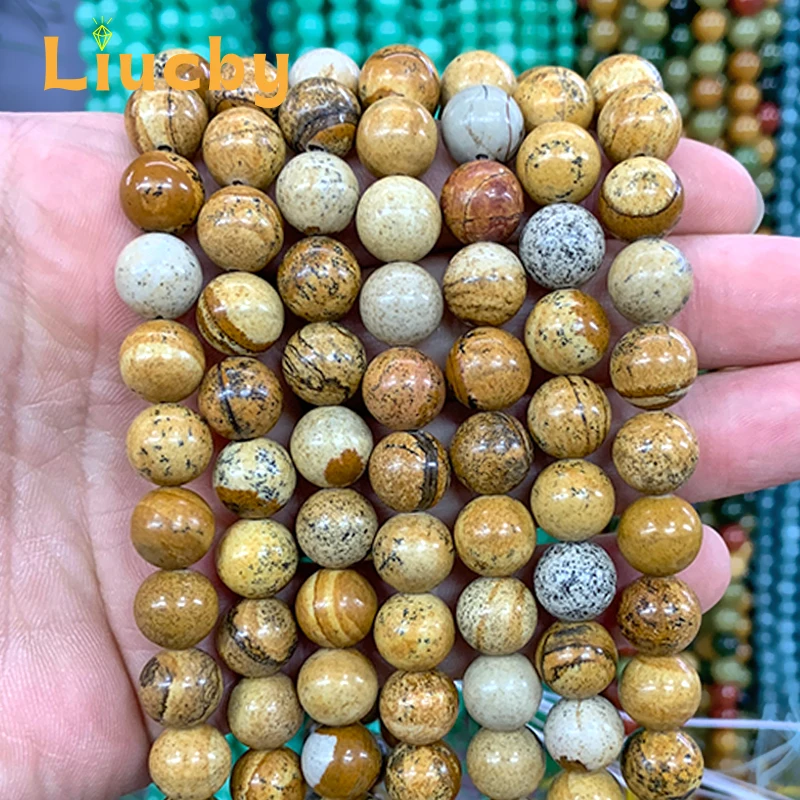 Natural Stone 5A Yellow Picture Jaspers Round Smooth Beads For Jewelry Making DIY Bracelet Earrings 15