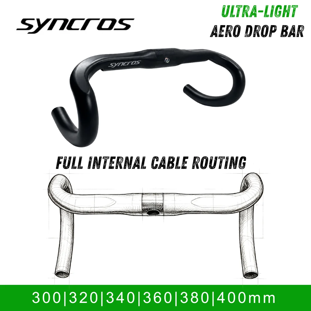 Guidon de route ultra-léger Syncros AERO Mini en carbone T1000, 31,8 mm, cockpit 70 mm, déport 115 mm, 300 mm/320 mm, noir mat pour vélos de route
