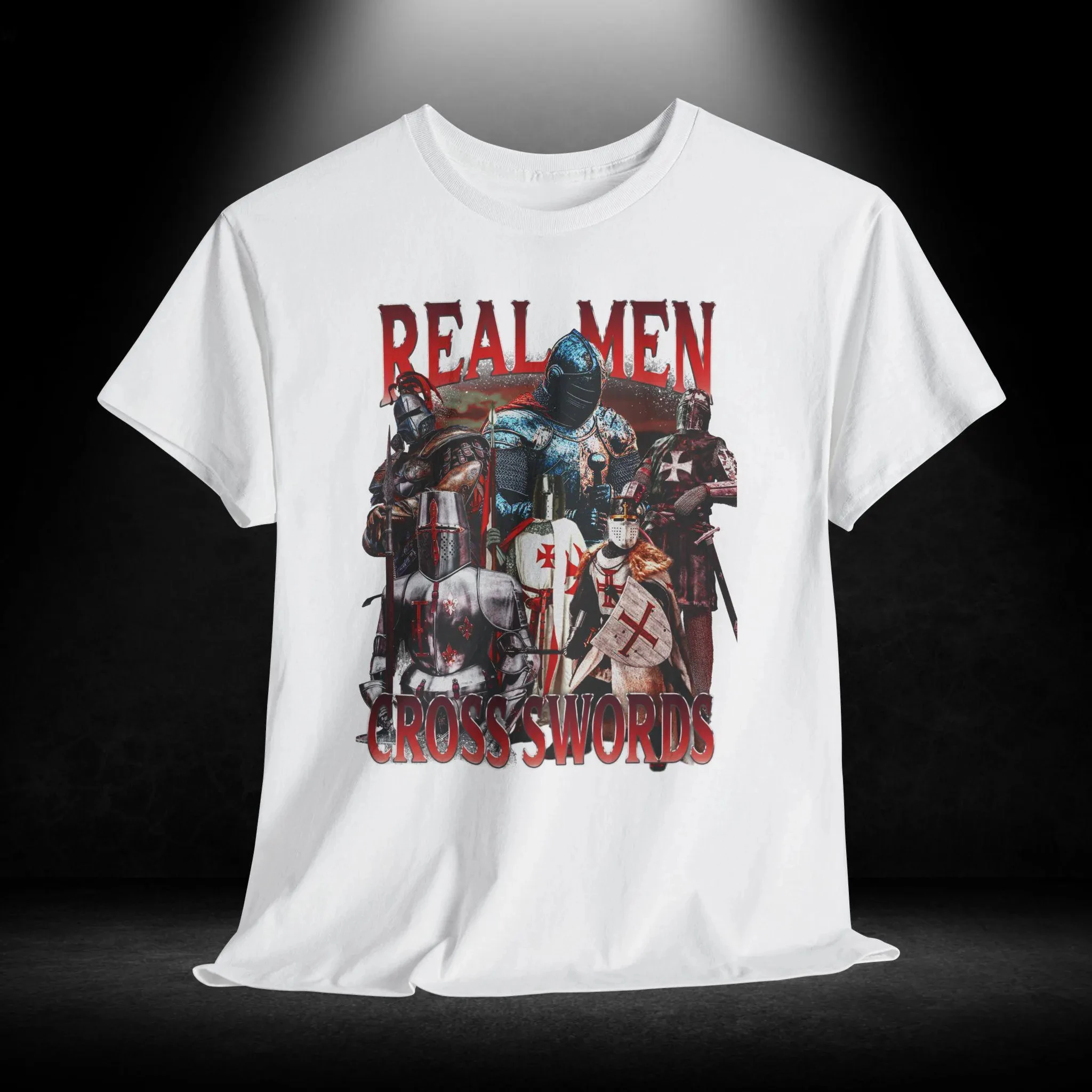 Real Men Cross Swords Funny Knight Meme Bootleg Graphic T-Shirt Unisex Heavy Cotton Tee Offensive T-Shirts Gen Z Tee