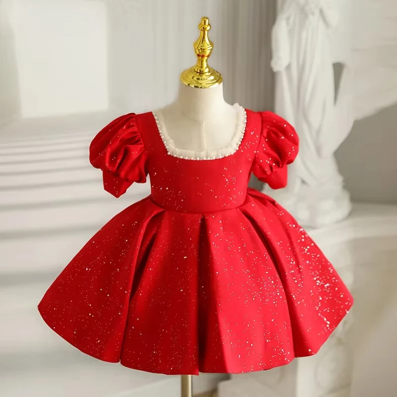2025 Birthday Red Baptism Luxury Dress toddler dresses Infant Baby Girl Party Children Lolita Sequin Ball Gown NewbornMatching