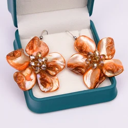 G-G Big Natural Orange Sea Shell Flower Crystal Dangle Hook Earrings Handmade Earring For Lady