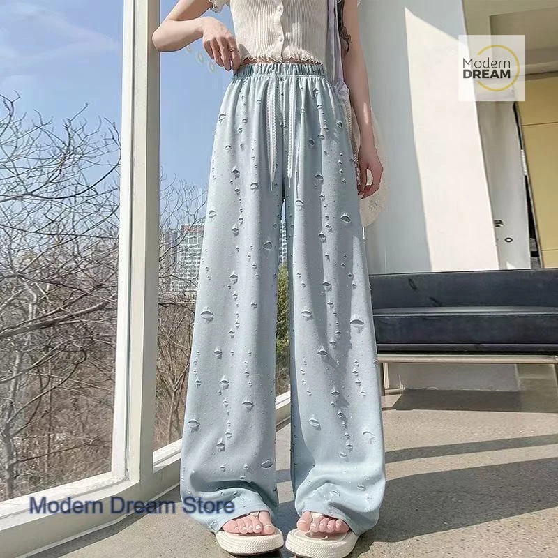 French style fashion design high waist drawstring hole wide-leg pants women's summer new casual style loose straight pants