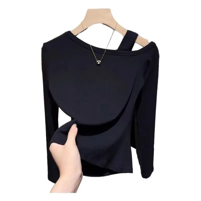 

Women Asymmetrical Off Shoulder Long Sleeve T-shirt Black Slim Fit Basic Top