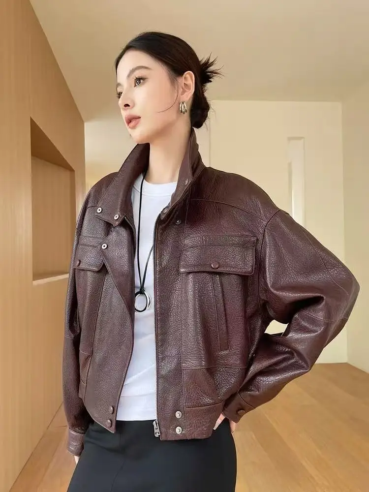 Damska zimowa kurtka z owczej skóry importowanej, skóra owcza typu bubble, damska burgundowa kurtka motocyklowa z klapami i zamkiem błyskawicznym, chaquetas de mujer.