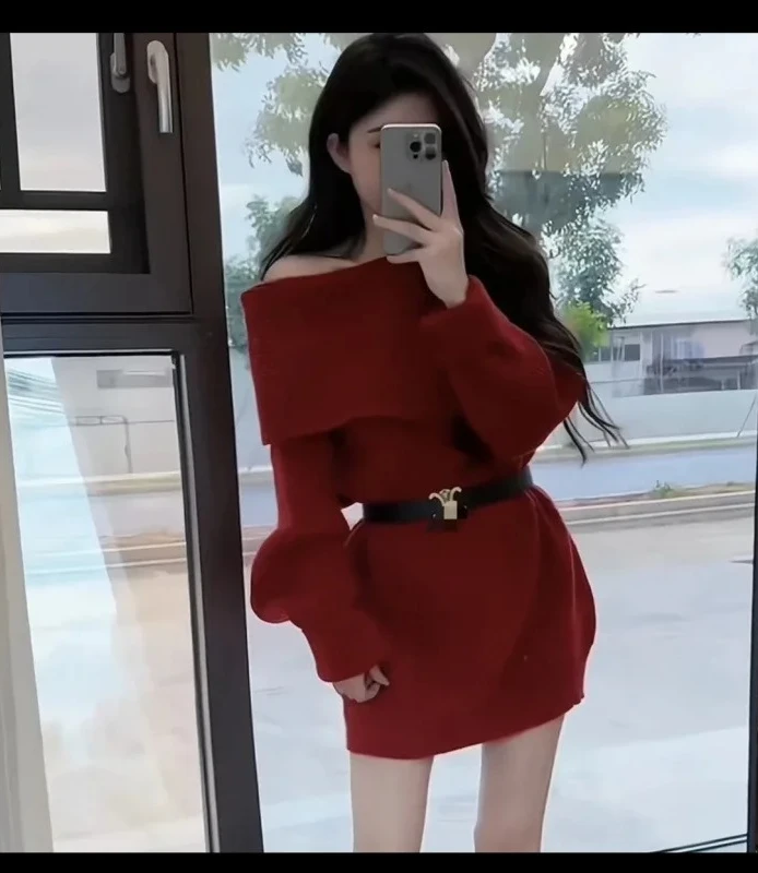 

V-Neck Shoulder Bared Mid-Length Knitted Sweater Autumn Winter New Design Sensation Dress WomenLoose Lazy Style Versatile