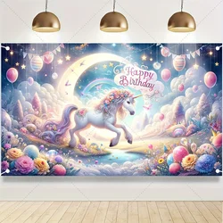 Rainbow Unicorn Backdrop Happy Birthday Party Decorations for Girls Watercolor Floral Glitter Stars Photography Background