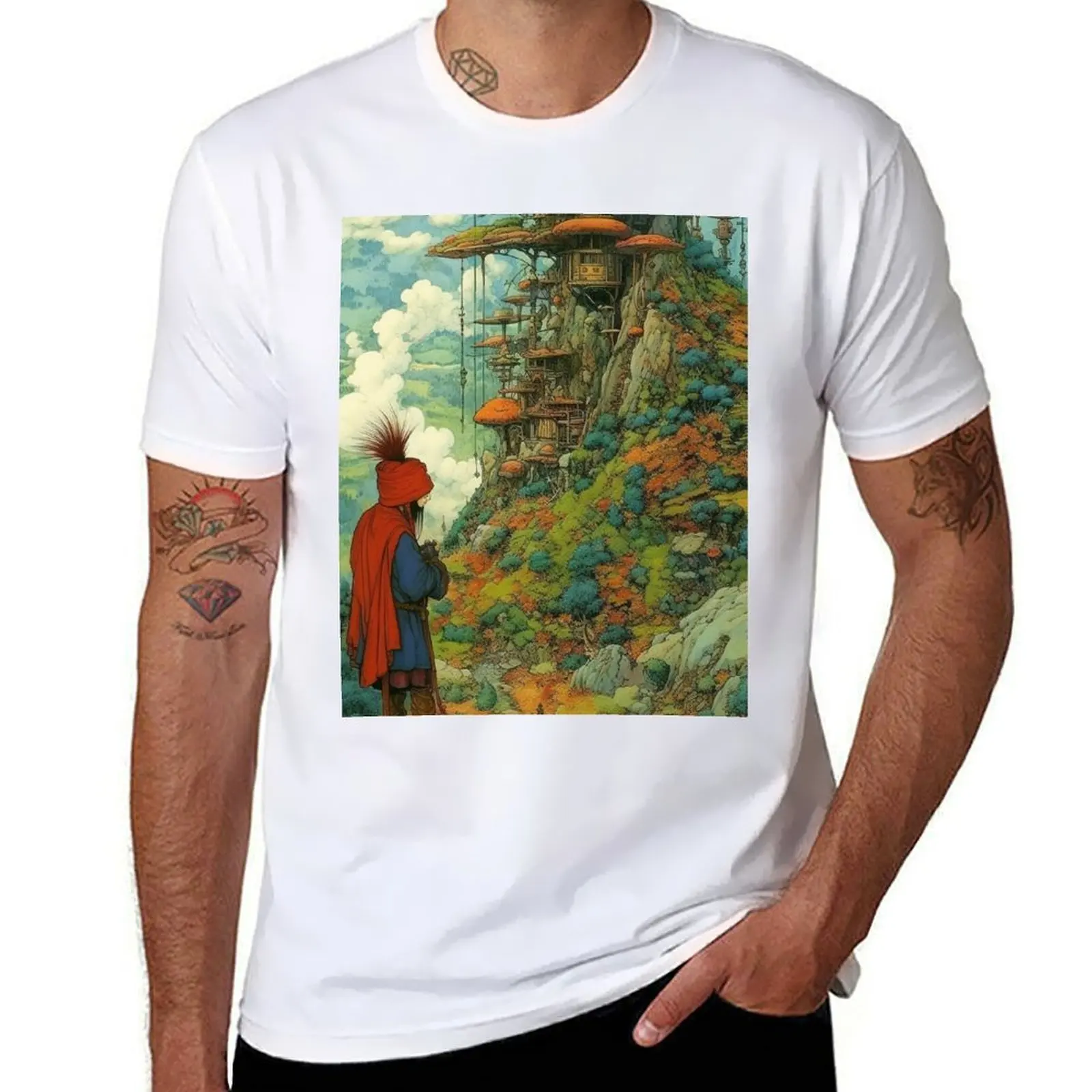 

Magical Tree Village: A Peaceful Haven in the Foggy Mountains T-Shirt anime t shirts for man cotton tshirt 100% T-Shirt