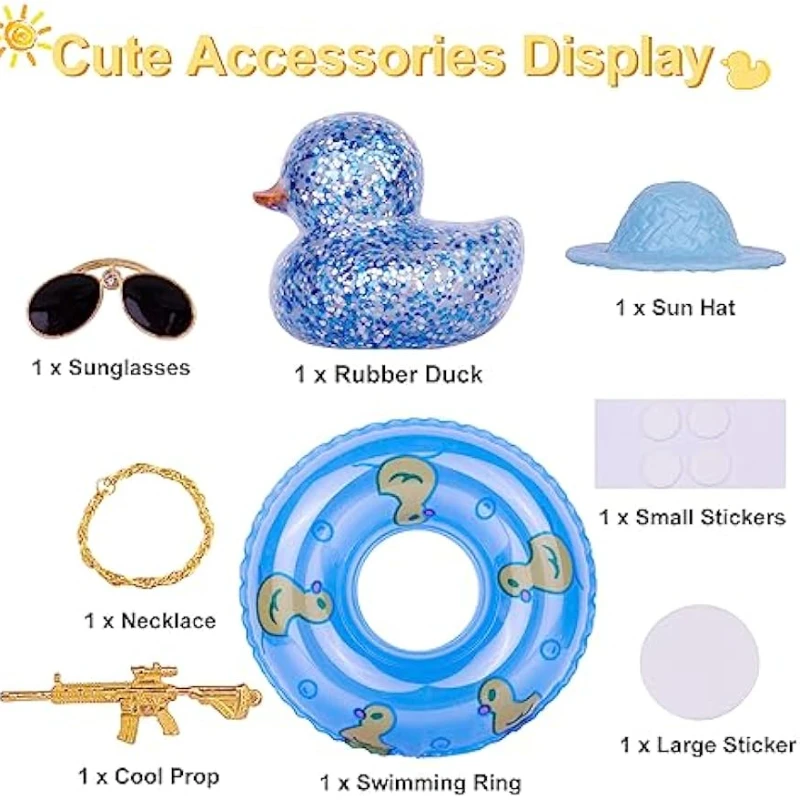 Cool Car Rubber Duck Dashboard Decoration with Mini Swim Ring Hat Necklace and Sunglasses Toy Gun Colorful Duck Car Ornaments