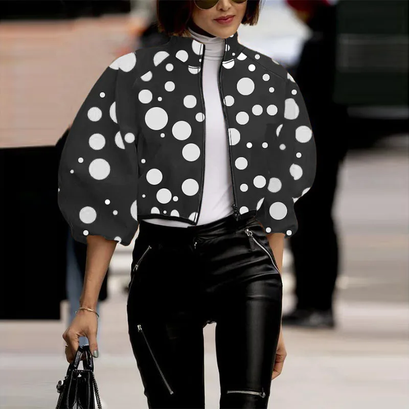 Long Sleeve Autumn Women High Street Ball Outwear Polka Dot Print Stand-Up Collar Big Jacket Stylish Zipper Short Coat Women Top