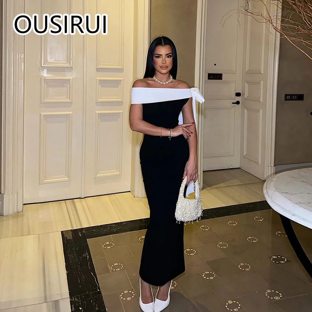 

OUSIRUI Women Boat Collar Satin Solid Prom Graduation Dress Sheath Backless Tea-Length Bow Prom Club Gown vestidos de gala