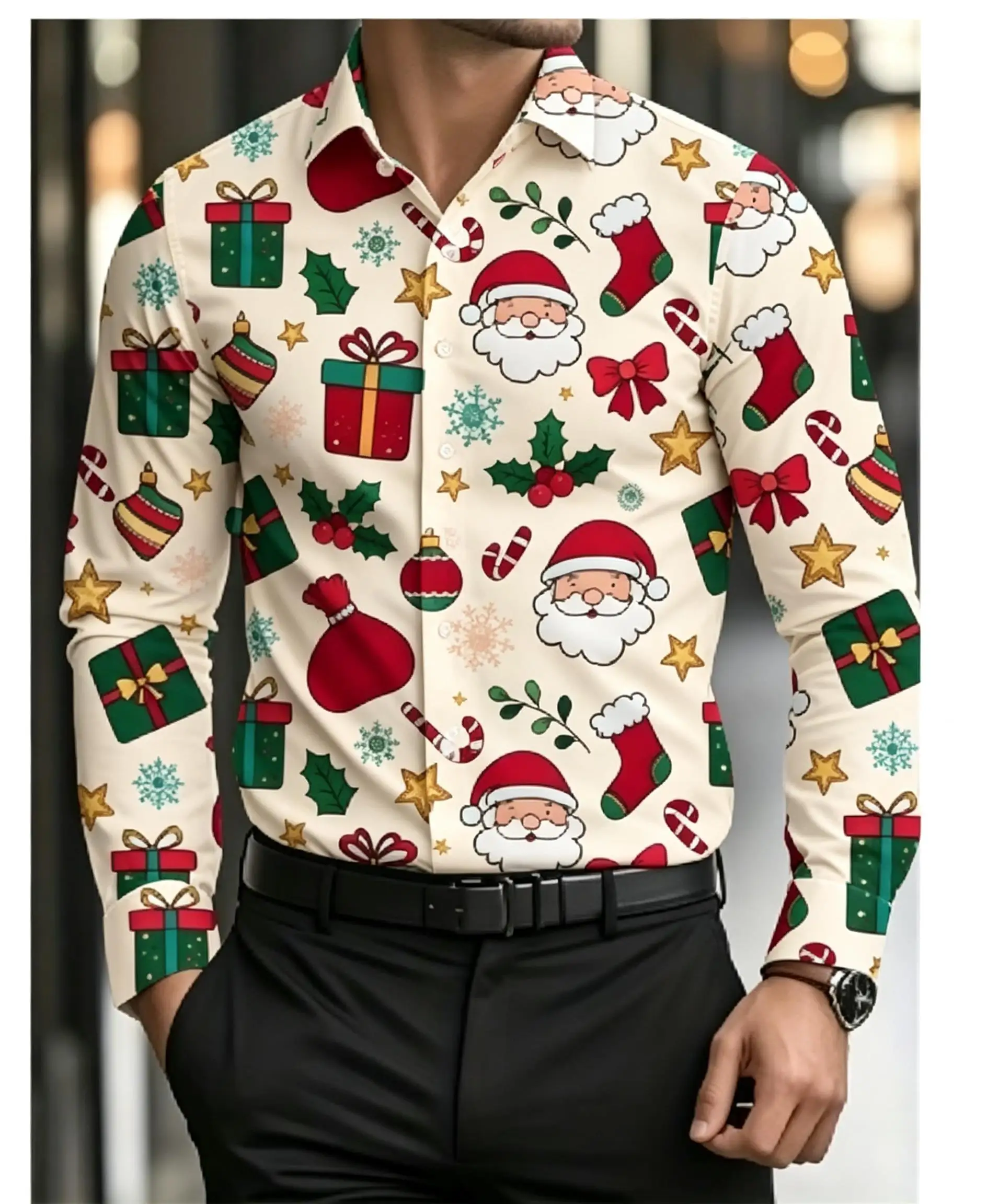 Men Christmas Long Sleeve Shirt White Cartoon Santa Gift Box Snowflake Print Button Down Holiday Party