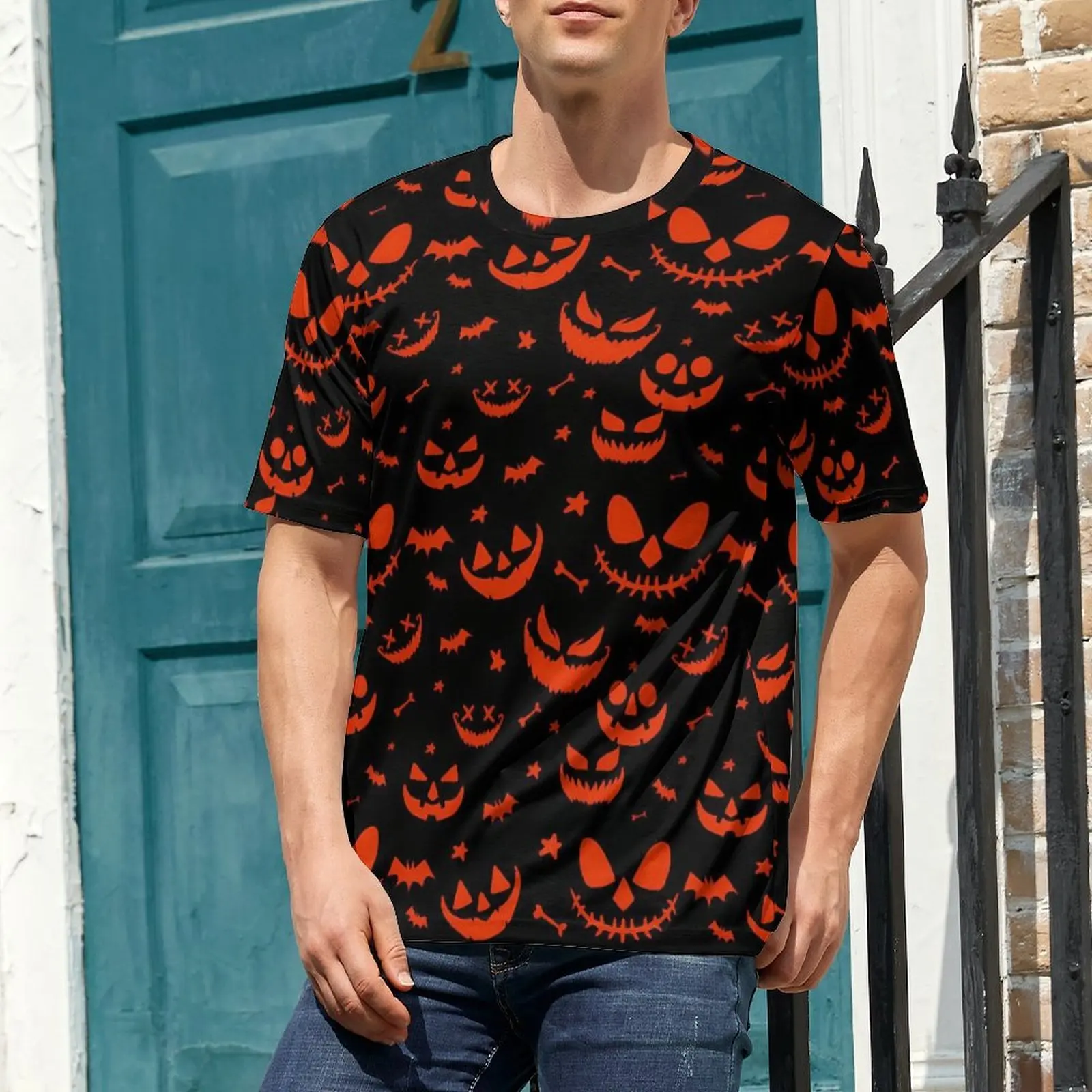 Orange Pumpkin T-Shirt Spooky Halloween Trendy T Shirts Men Classic Tshirt Beach Short-Sleeve Design Clothing Plus Size