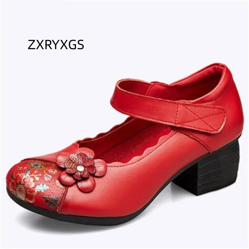 

ZXRYXGS 2023 Autumn Top Cowhide Classic Printing Flower Women High Heel Shoe Banquet Wedding Shoes Fashion Elegant Leather Shoes