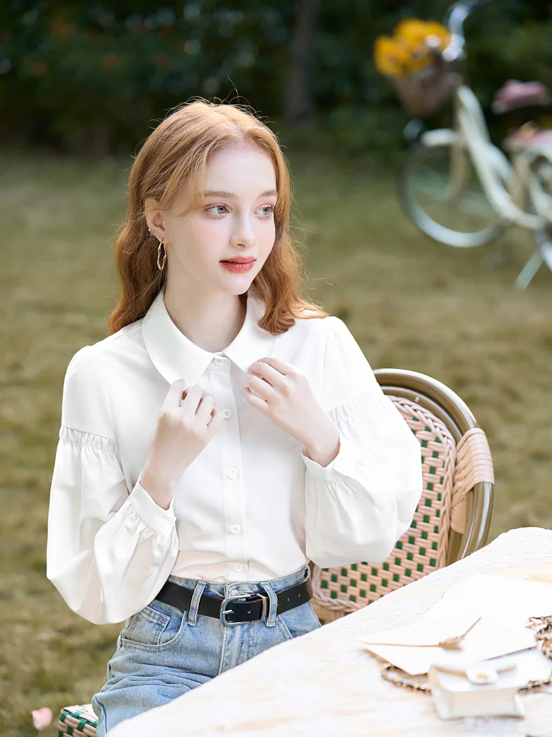 

Long Sleeve Shirts Womens Chiffon Button Down Tops Lantern Sleeves Sweet Feminine Retro French Style Chic Autumn Office Outfits