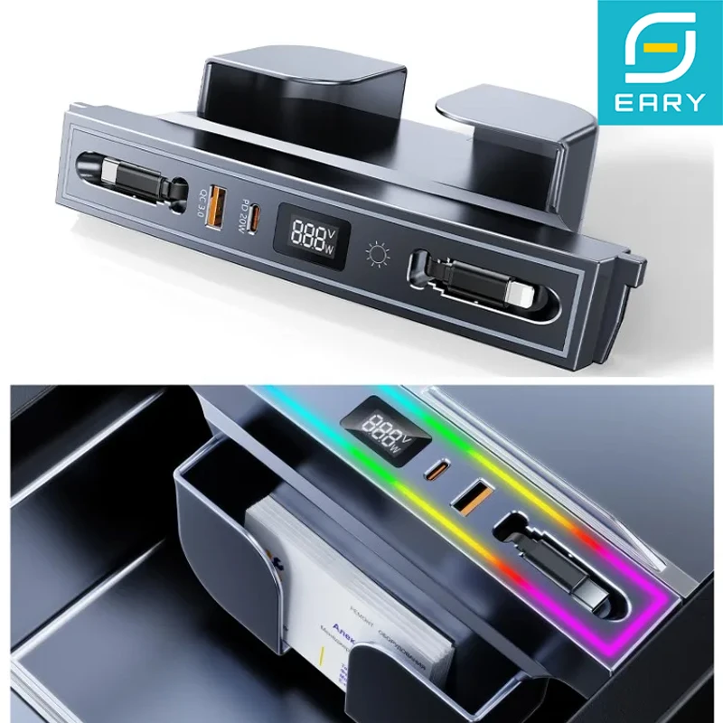 Eary USB Hub for Tesla Model 3 Y Highland Fast Charger Retractable Docking Station with RGB Lighting Fast Charging Data Cables