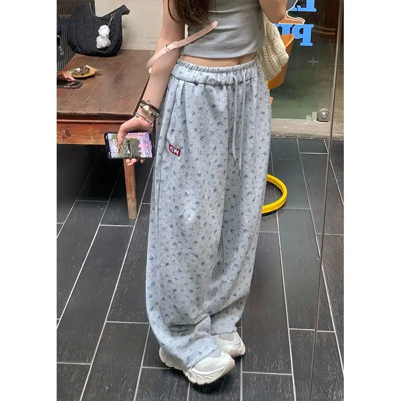 فضفاض السراويل واسعة الساق المرأة عارضة عالية الخصر مستقيم الأمريكية Sle الأزهار طباعة مريحة الخريف الشتاء وصول جديد #1