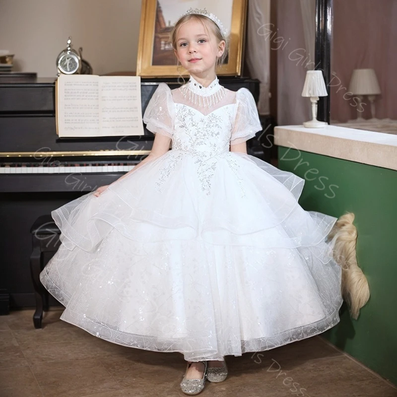 فستان الأميرة بطول الكاحل للفتيات برقبة عالية وأكمام قصيرة فستان فتاة الزهور مطرز بالدانتيل لحفلات أعياد الميلاد مخصص