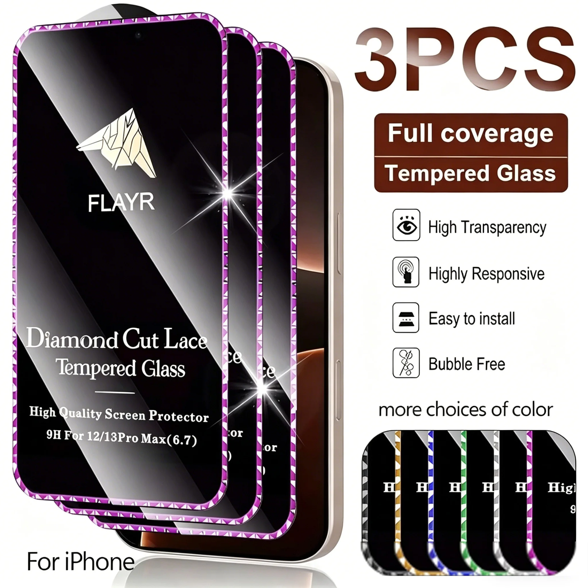 

3 Pieces Diamond Edge Glow Screen Protector for iPhone 17Pro/ Pro Max, 2.5D Curved HD Tempered Glass, Multiple colors available