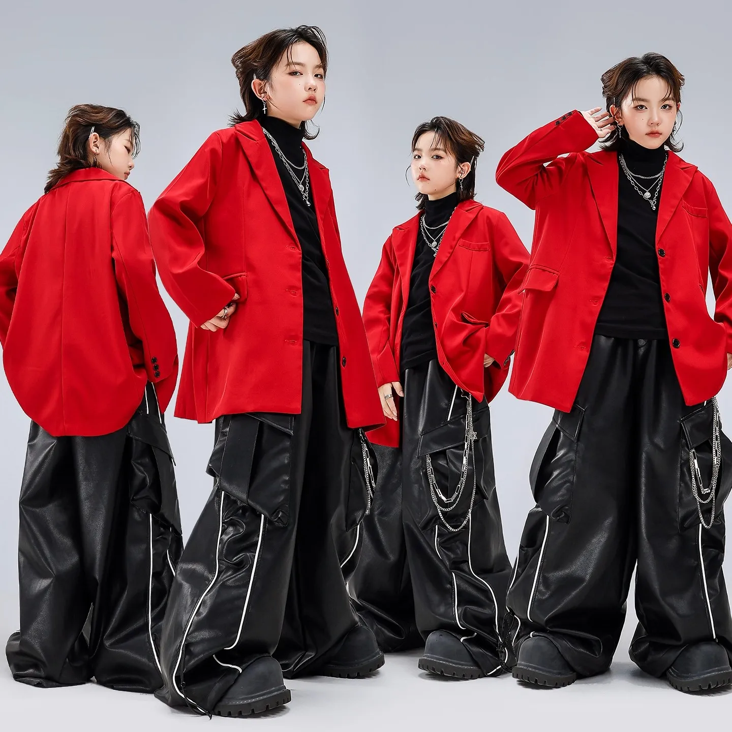 

Модные костюмы для джазовых танцев 2025 года, костюм для мальчиков, кожаные брюки, детская одежда в стиле хип-хоп для уличных танцев, одежда DQL12080