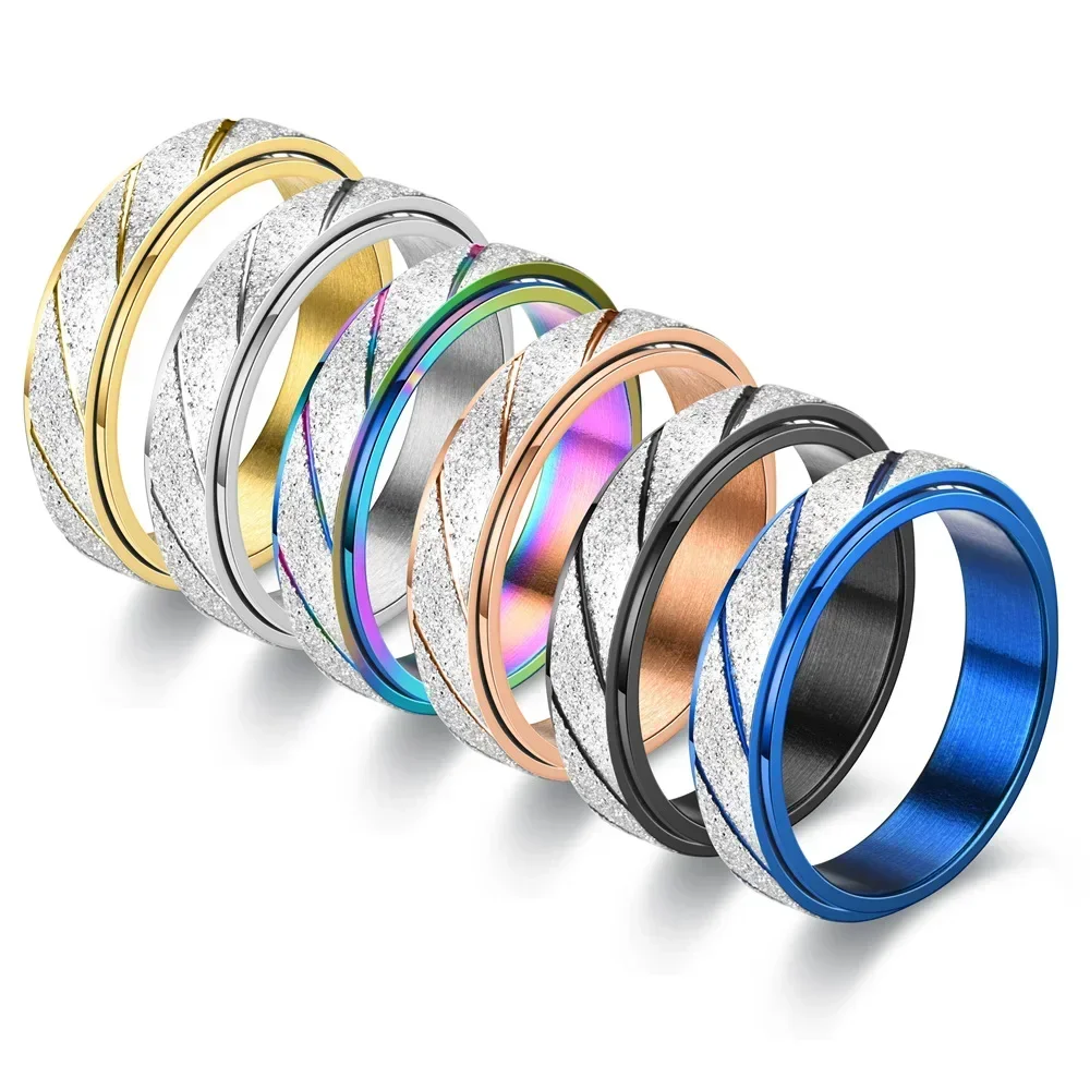 Fashion 6mm Frosted Stainless Steel Spinner Anxiety Ring for Women Men Rotatable Anti Stress Fidget Ring Couple Jewelry Gift