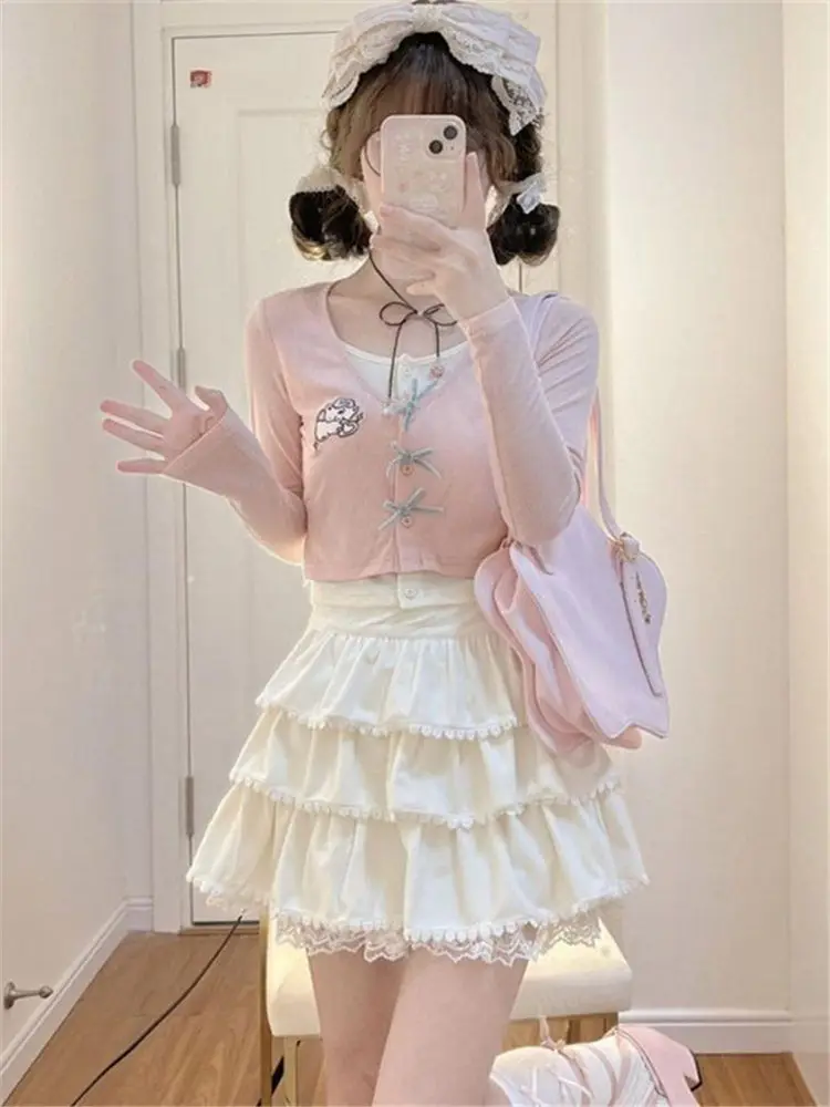 

Japan Autumn Sweet Fake Two-Piece Embroidered Bow Top + High-Waisted Cake Skirt Two-Piece Set
