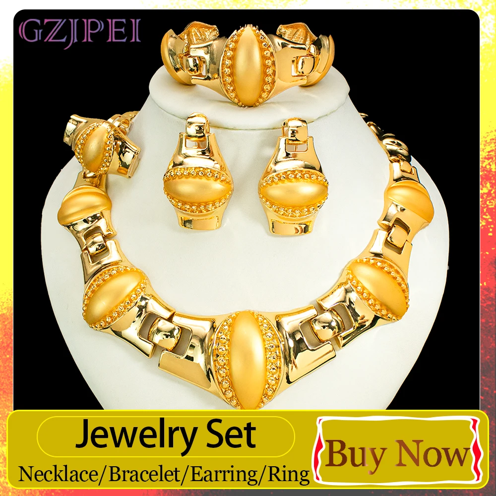 GZJPEI Luxus 18K Vergoldetes 4-teiliges Schmuckset Schwere Gliederkette Armband Ohrringe Ring Afrikanischer Verlobungs- und Partyschmuck Geschenk