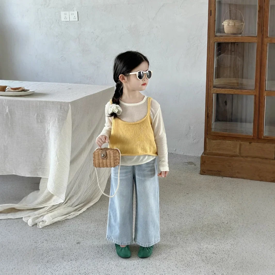 

Vest Undershirt Jeans 3 Piece Set 2025 Spring New Korean Solid Color Knitted Sweater Vest Undershirt Denim Straight Leg Pants