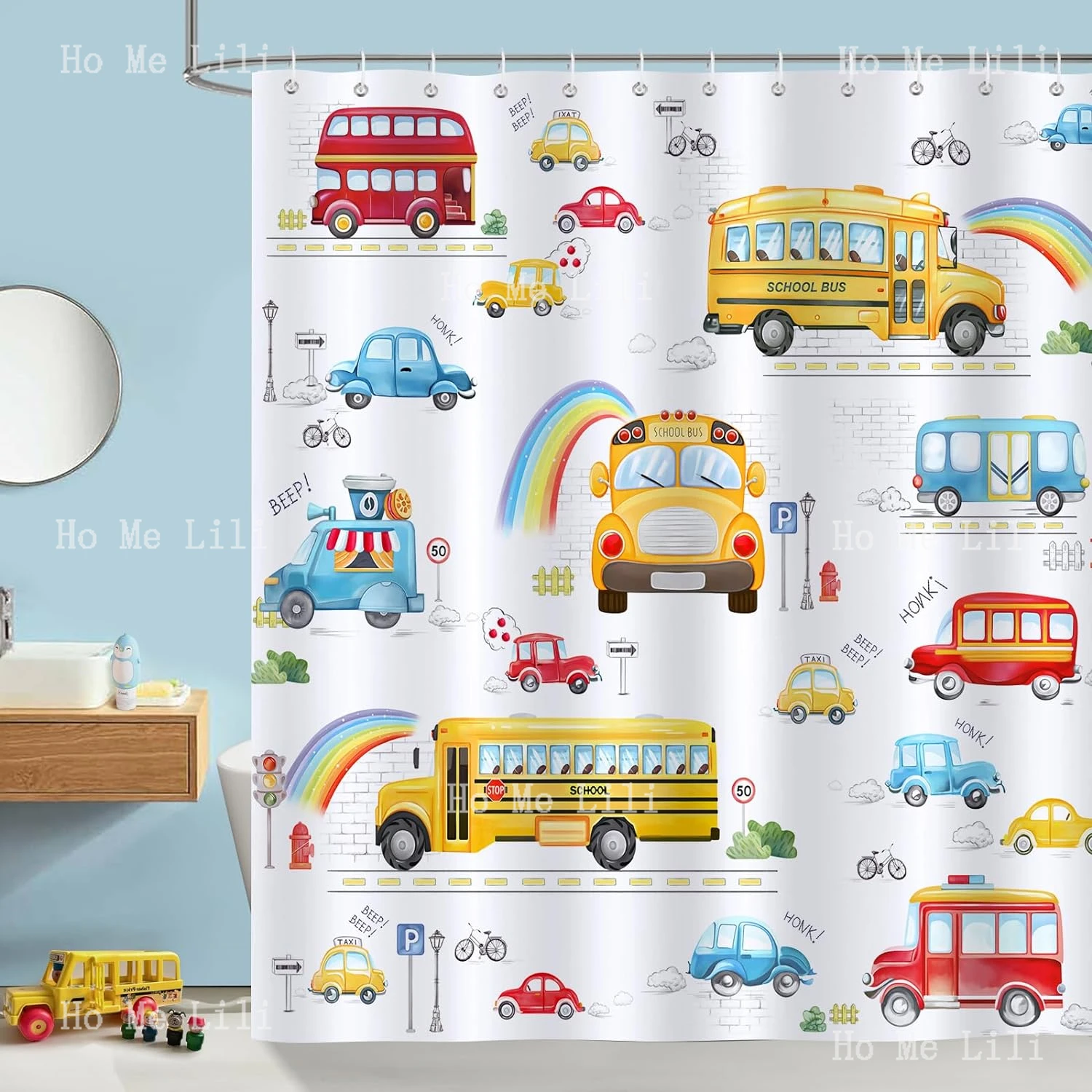 Cars Shower Curtain For Kids Bus Taxi Truck Decorative Bath Curtain Polyester Fabric Waterproof Bathroom Curtain With 12 Hooks