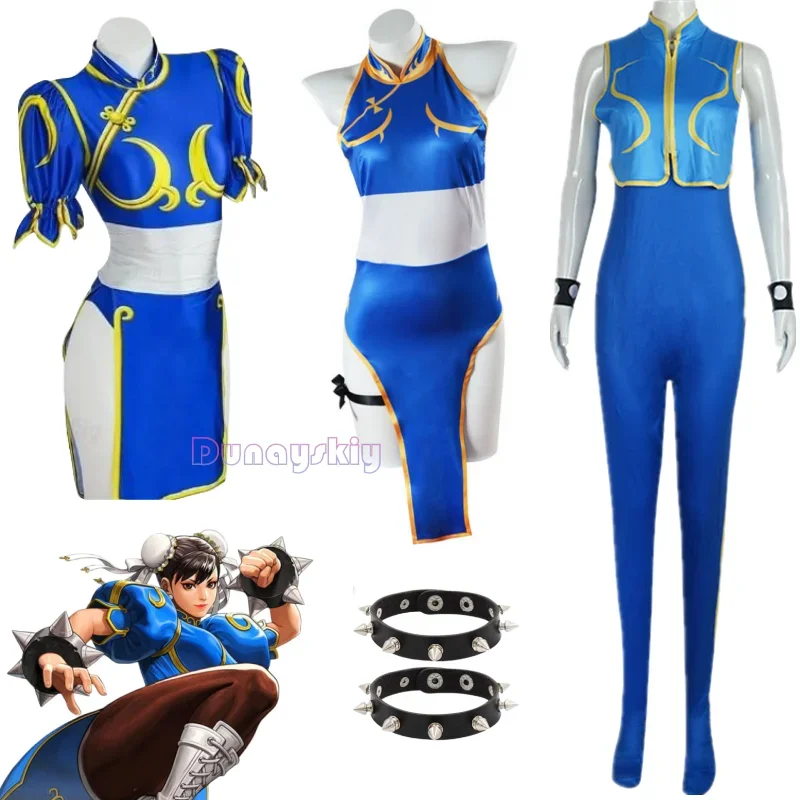 

Chun Li Cosplay Costumes Blue Cheongsam Dress Sutorito Faita Games Chun Li Cosplay Bodysuit Halloween Party Women Girls Clothes