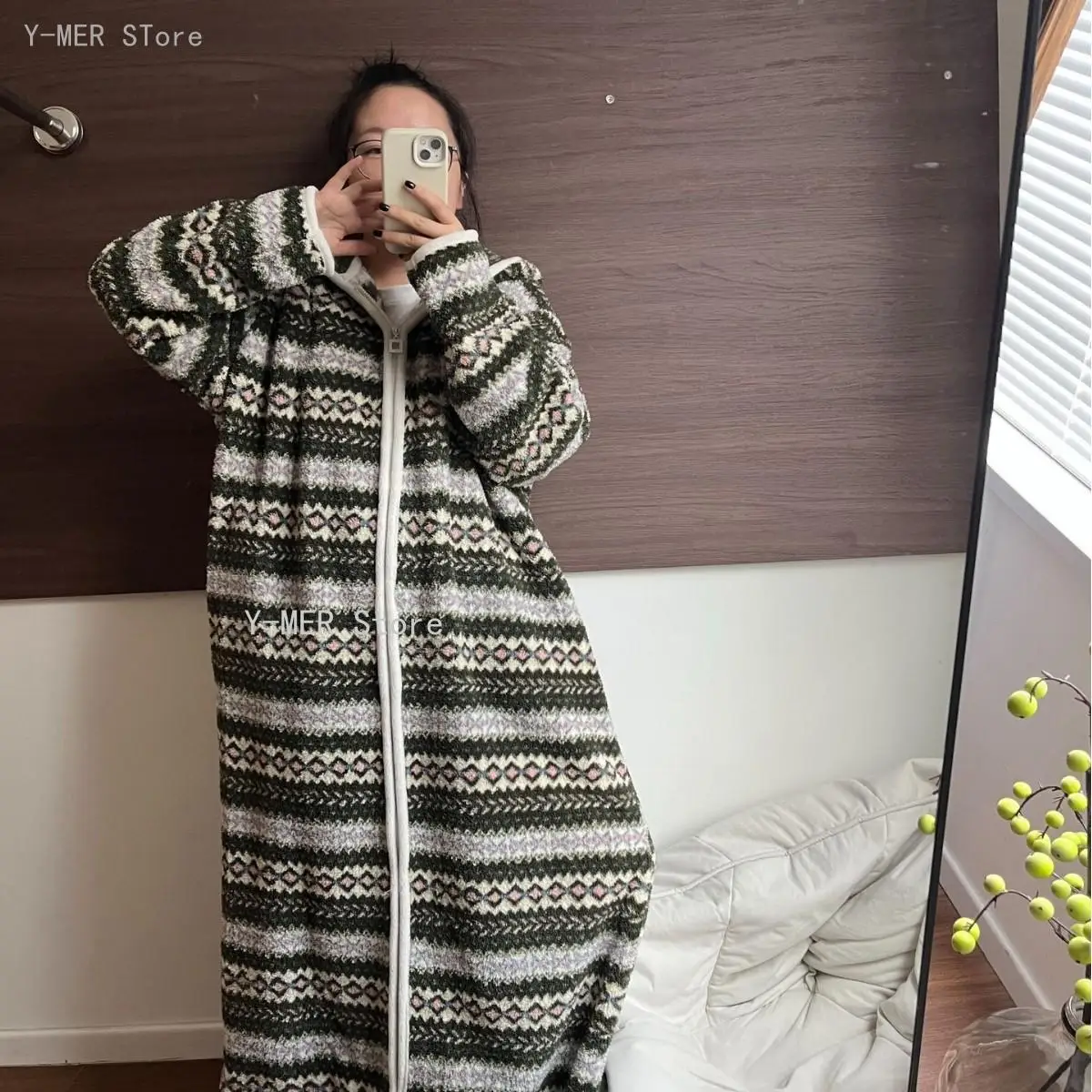 Vintage Printed Coral Fleece Long Nightgown Women's Sleepwear Winter New Thicken Warm Nightdress Nightwear Flannel Homewear