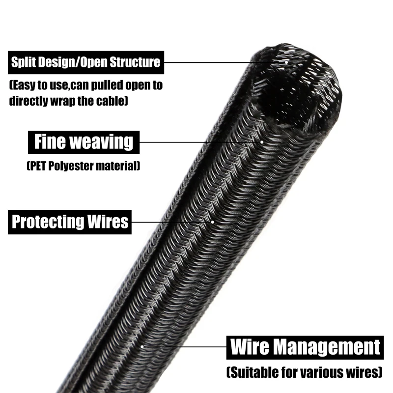 1~50m Expandable Cable Sleeve PET Braided Self Closed Auto Insulated Wrap Flexible Pipe Tube Split Line Protector Wire Organizer