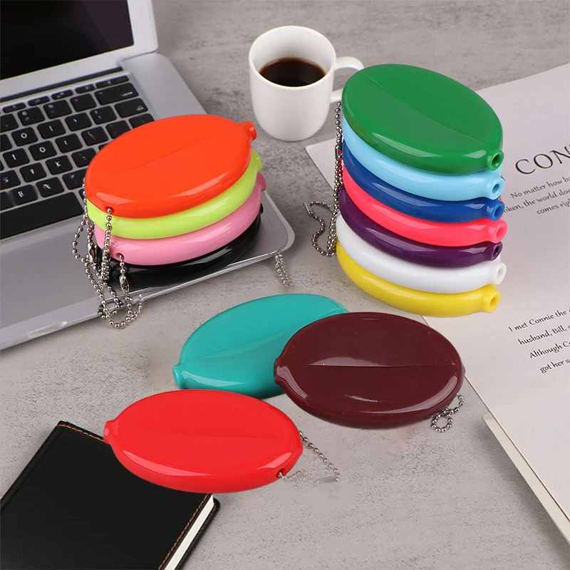 

Small Oval Coin Purse Mini Earrings Rings Storage Box With Chain Solid Color PVC Fashion Portable Bag Pendant