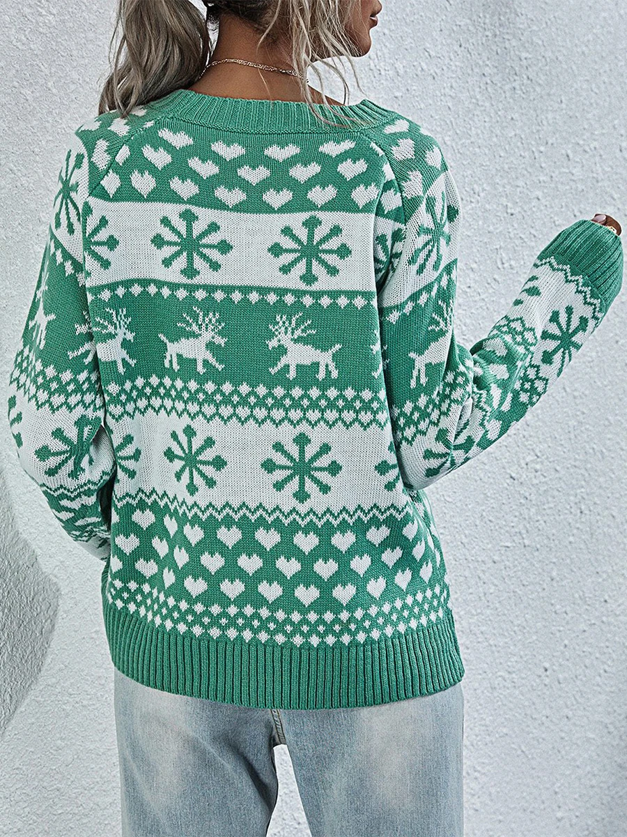 ผู้หญิงเสื้อกันหนาวคริสต์มาส Reindeer Snowflake แขนยาวรอบคอ Ribbed เสื้อถัก