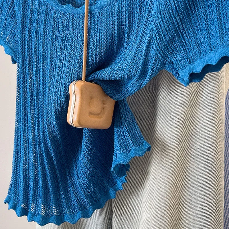 Fashion Short Sleeve Hollow Out Knitted Sweater Women Pullovers O-Neck Knitwears Knit Sweater Pullover Women Tops Sweaters Q2773