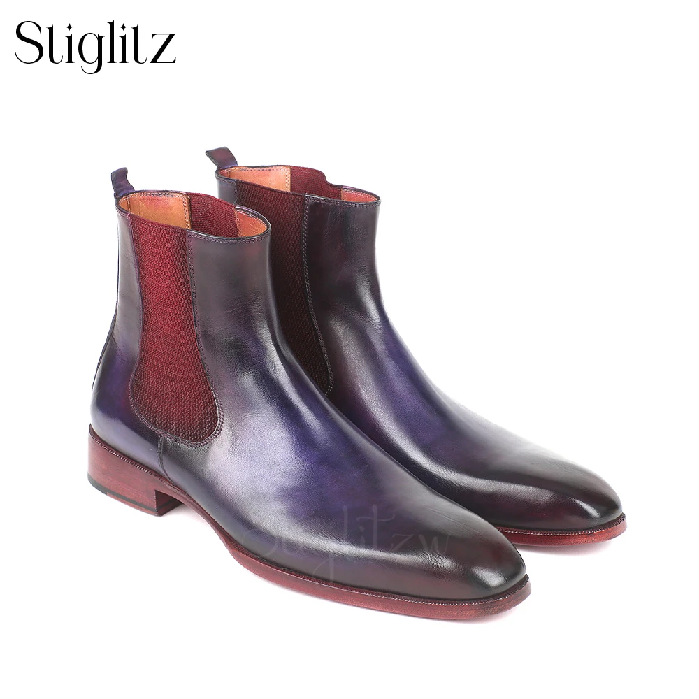 Hand-Painted Stretch Ankle Boots for Men Almond Toe Booties Genuine Leather Custom Handmade Elegant Men Shoes for Wedding Party