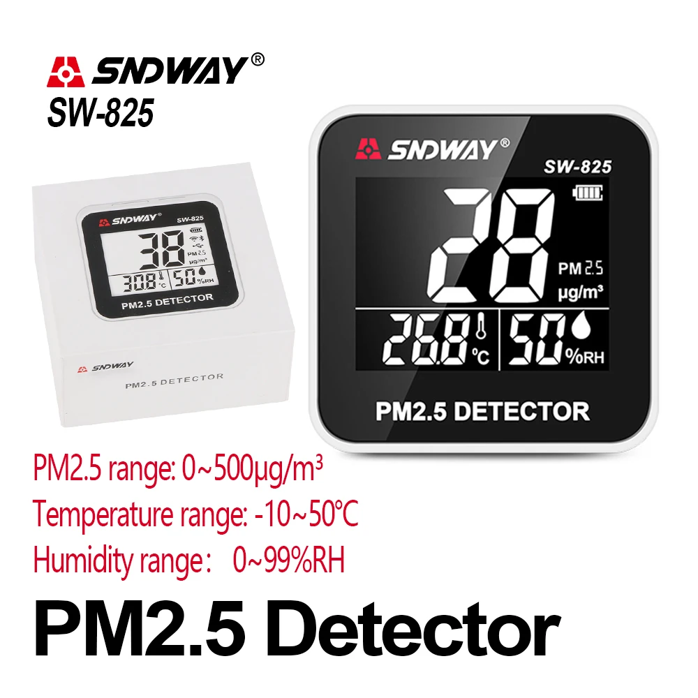 SNDWAY Digital PM2.5 Detector 0-500ug/m³ Mini Portable Temperature Humidity Meter Laser Sensor Air Quality Monitor SW-825