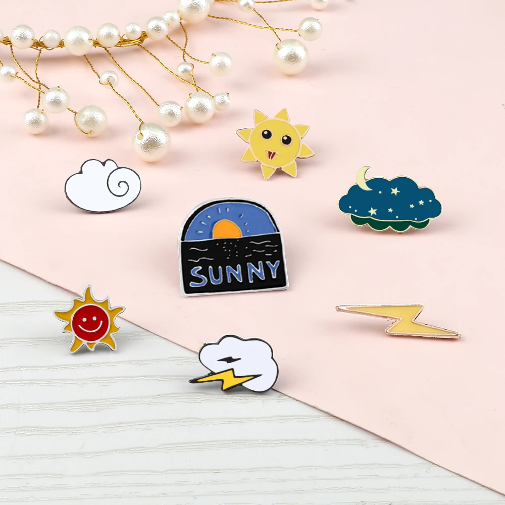 Weather Icon Pins Sea Sunrise Moon Star Night Brooches Smile Sun Lightning Cloud Enamel Pin Clothes Badges Jewelry Gift for Kids