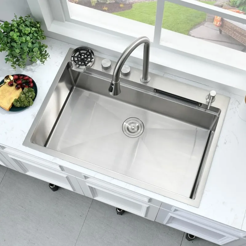 33 Inch Waterfall Drop In Kitchen Sink with Faucet Combo-Bokaiya 33x22 Waterfall Kitchen Sink Smart Workstation Sink 16 Gauge