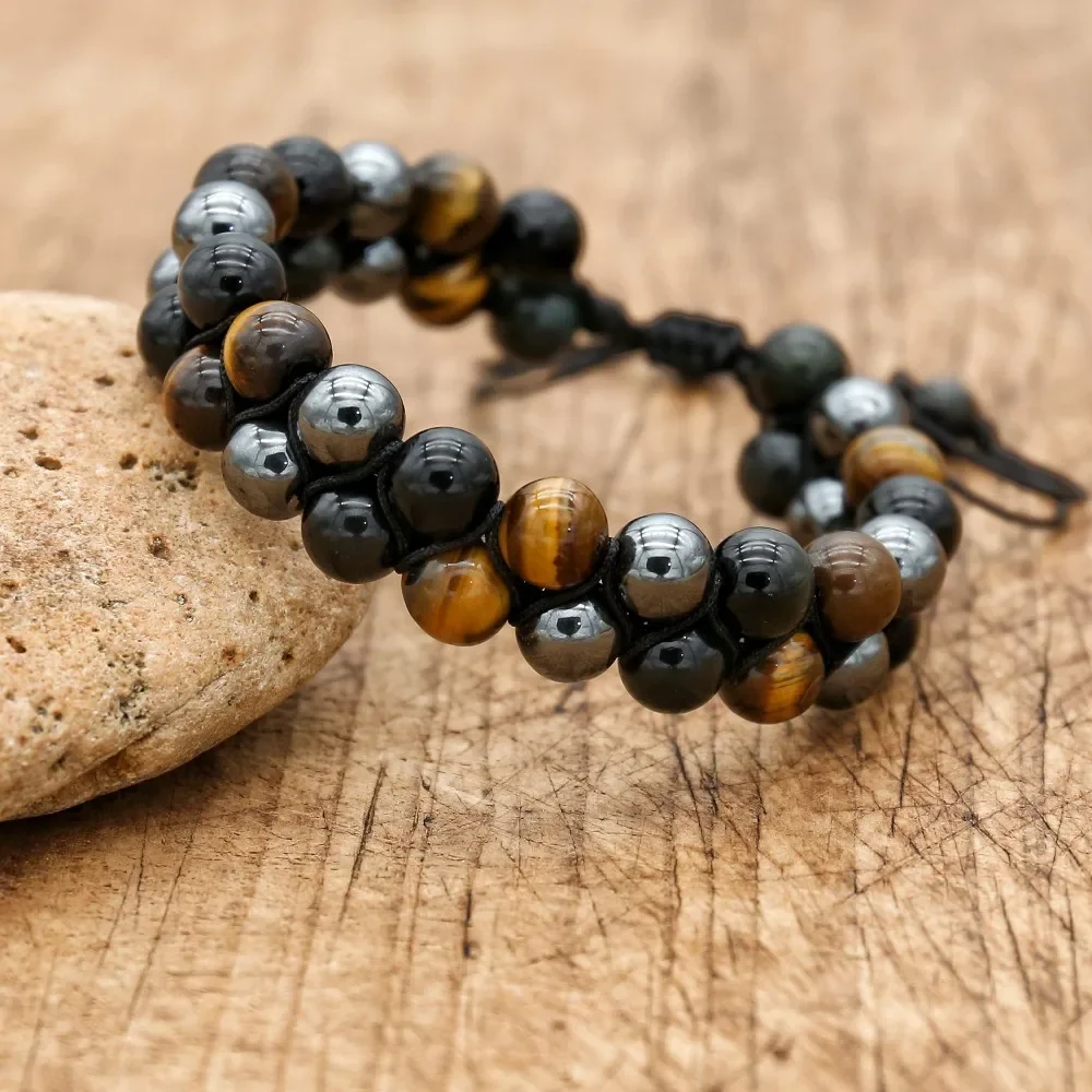 Double layer 8mm Tiger Eye Obsidian Hematite Braided Mens Bracelets Handmade Jewelry Yoga Healing Health Charm Bracelet