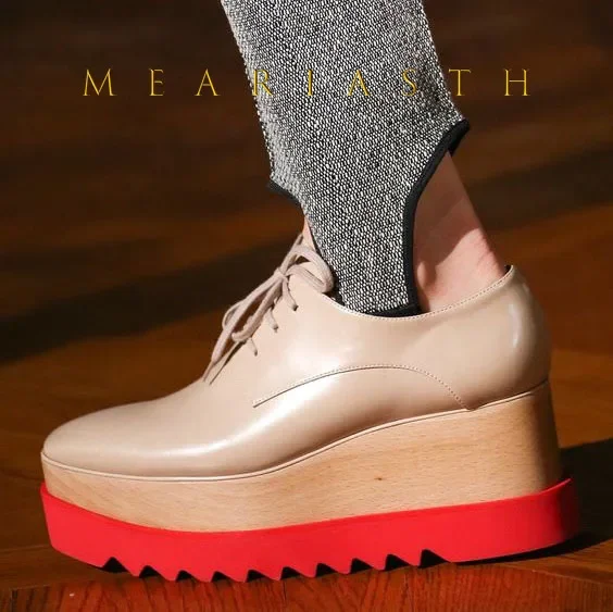 

2025 Women Black White Red Nude Silver Shiny Ｈigh Ｑuality Casual Chunky Shoes Cross-tied High Wedges Stella Platform Shoes